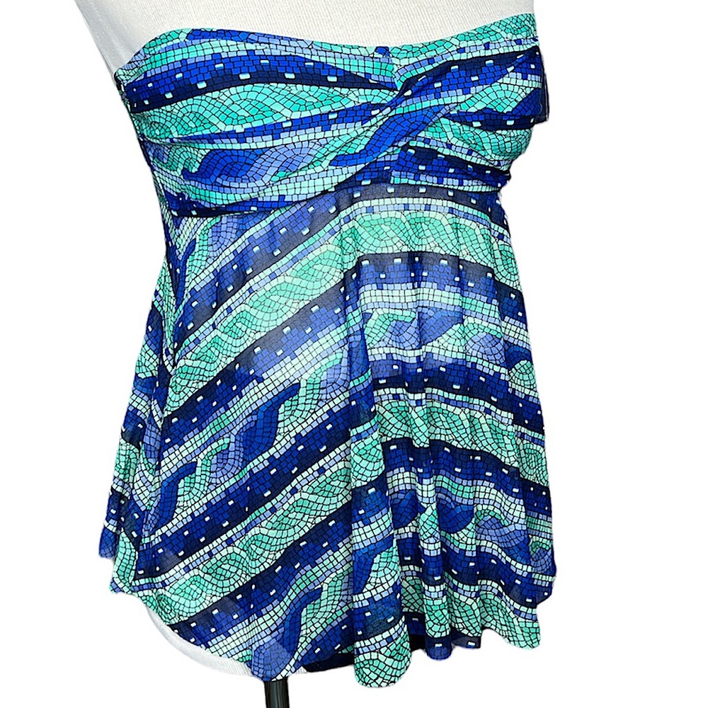 New SM Tankini Bikini Bandeau 
w removable Straps Blue Green Sheer Geometric